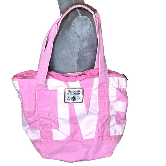 PINK By Victoria's Secret Tote Bag Large Gym Cotton Canvas Zipper Closure Beach - Picture 1 of 9